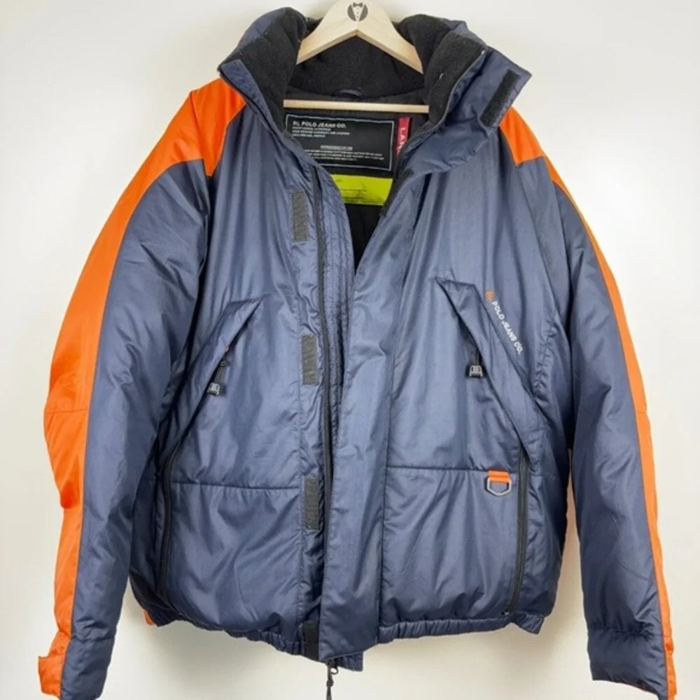Rare VTG Ralph Lauren Polo Jeans Co. RL-67 Down Puffer‎ Jacket Large Navy Orange